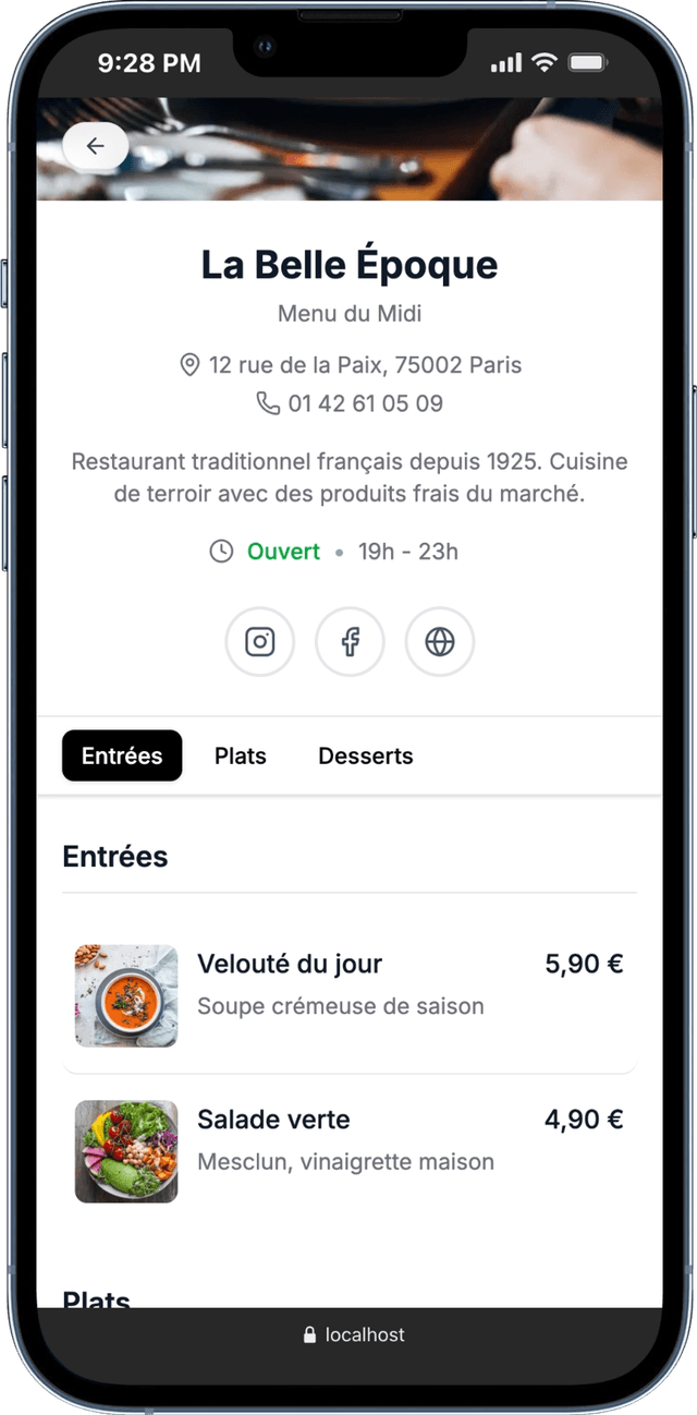 Aperçu du menu digital La Belle Époque